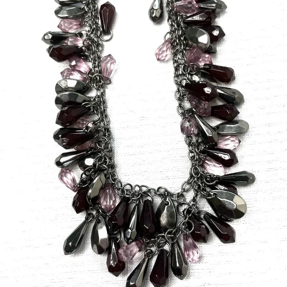 Multi-Strand Gun Metal Necklace w Gunmetal, Opaque & Deep Purple Beads Necklace